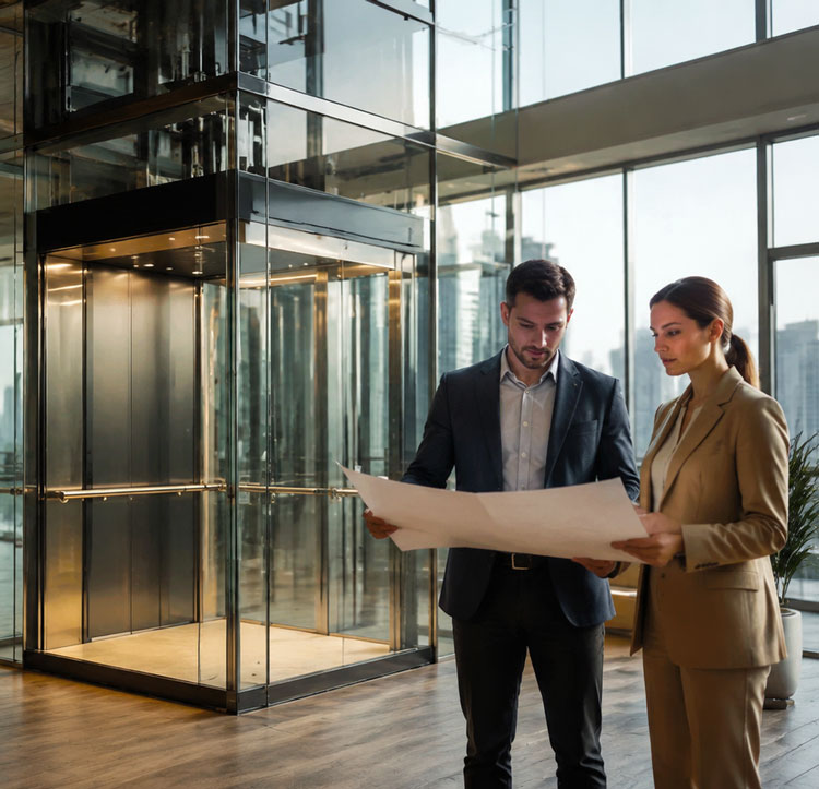 Kelevator sales team discussing an elevator project